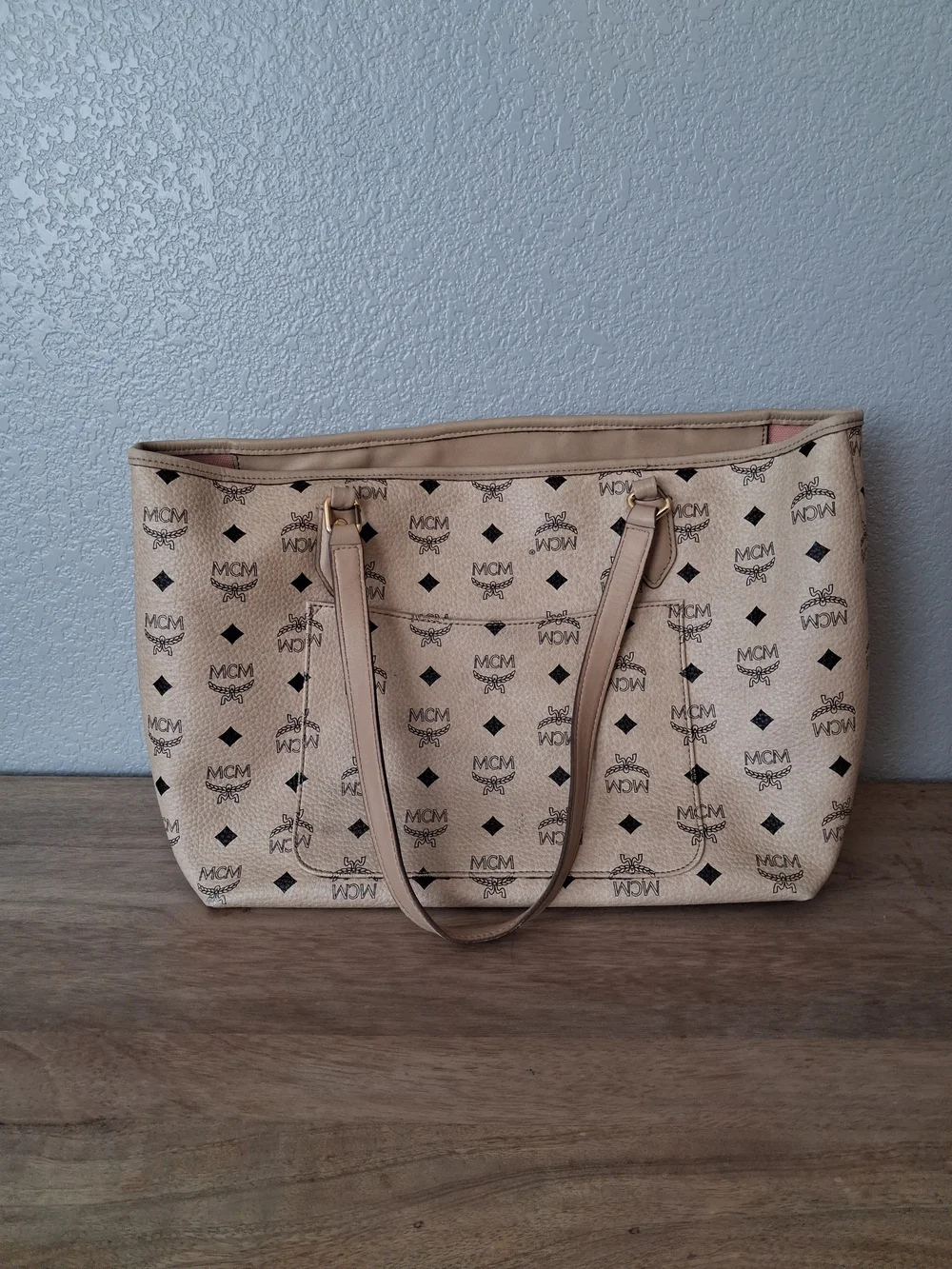 MCM Beige Canvas Tote with Pink and Mint Stripe - Picture 3 of 5